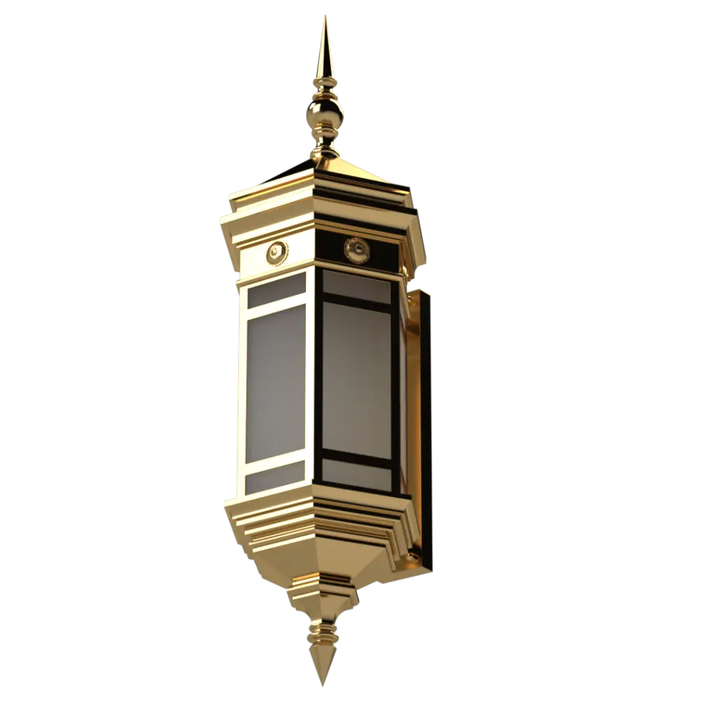 An ornate, gold-colored wall lantern with frosted glass panels.