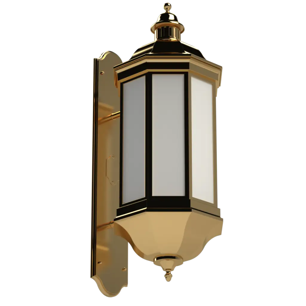 Gold-finished octagonal outdoor wall lantern with frosted glass panels.