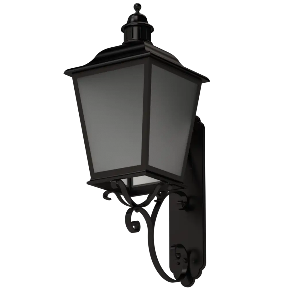 A dark, ornate outdoor wall lantern.