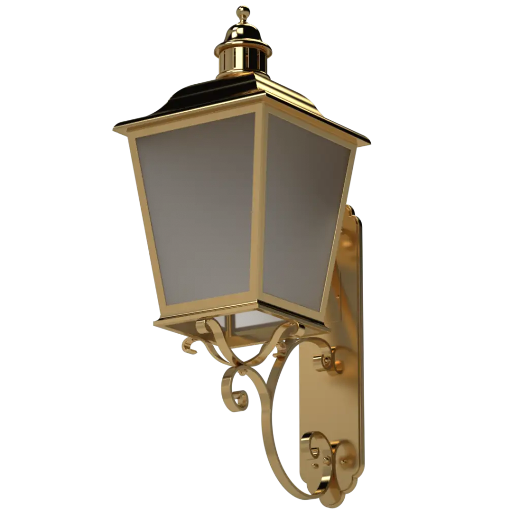 An ornate, gold-colored outdoor wall lantern with frosted glass panels.
