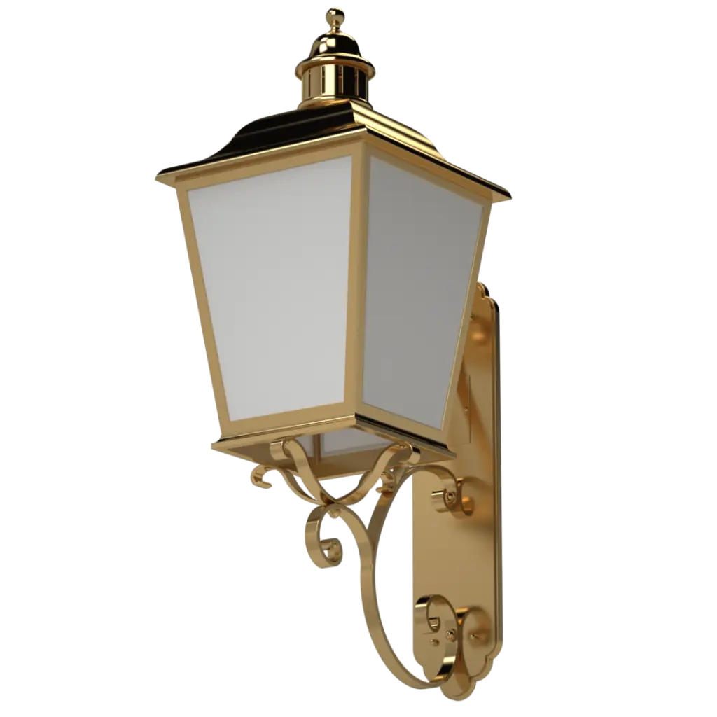 A gold-colored outdoor wall lantern with frosted white glass panels.