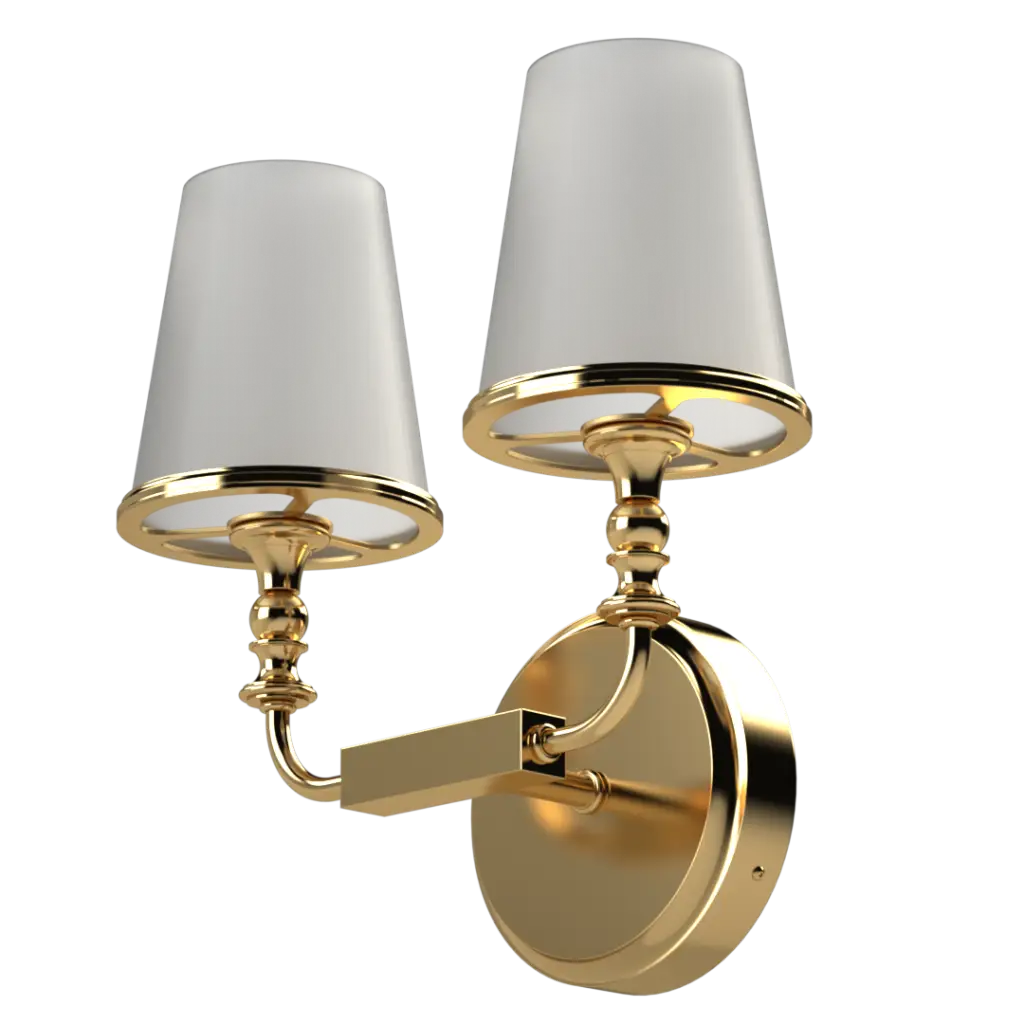 A two-light golden wall sconce with white lampshades.