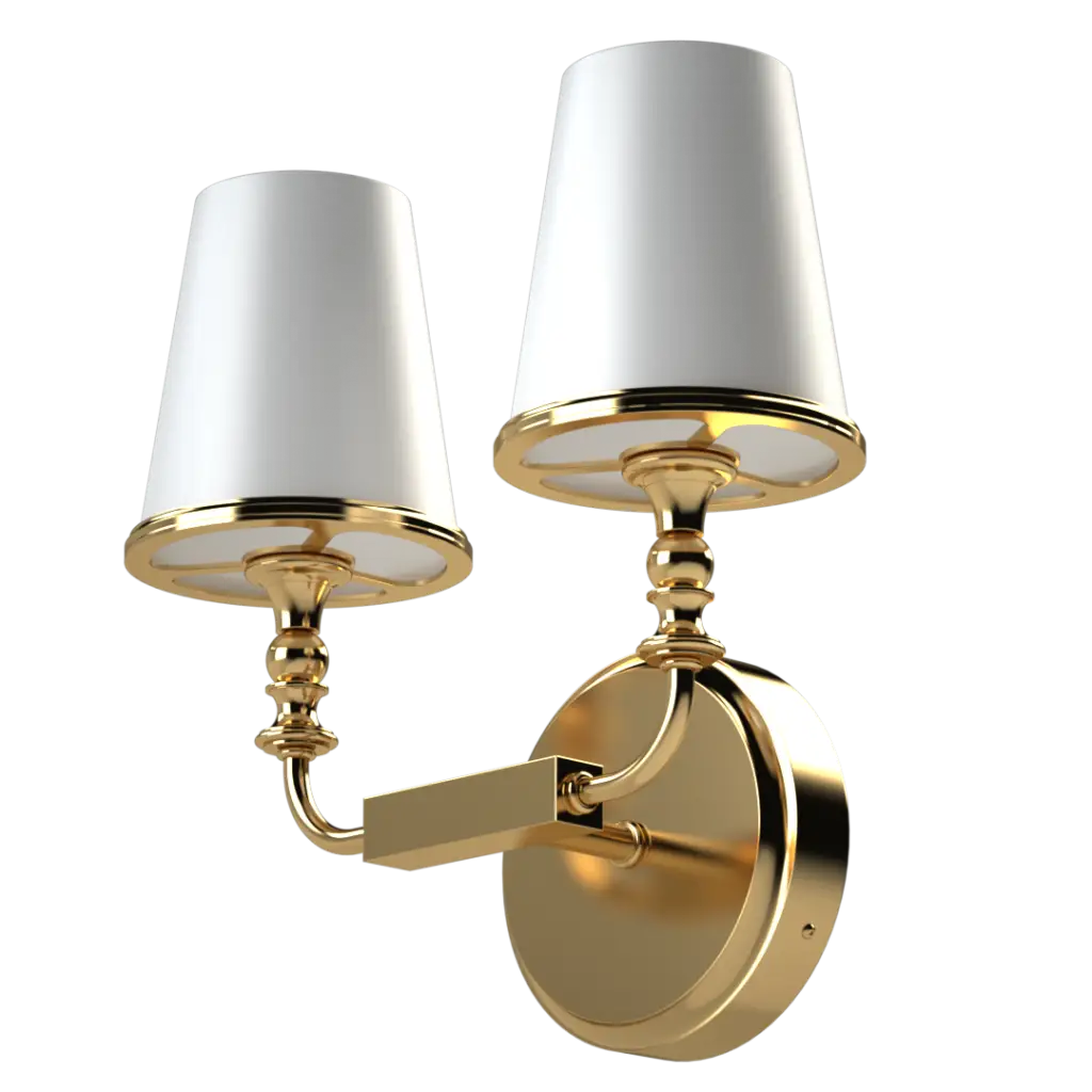 A two-light gold wall sconce with white conical shades.