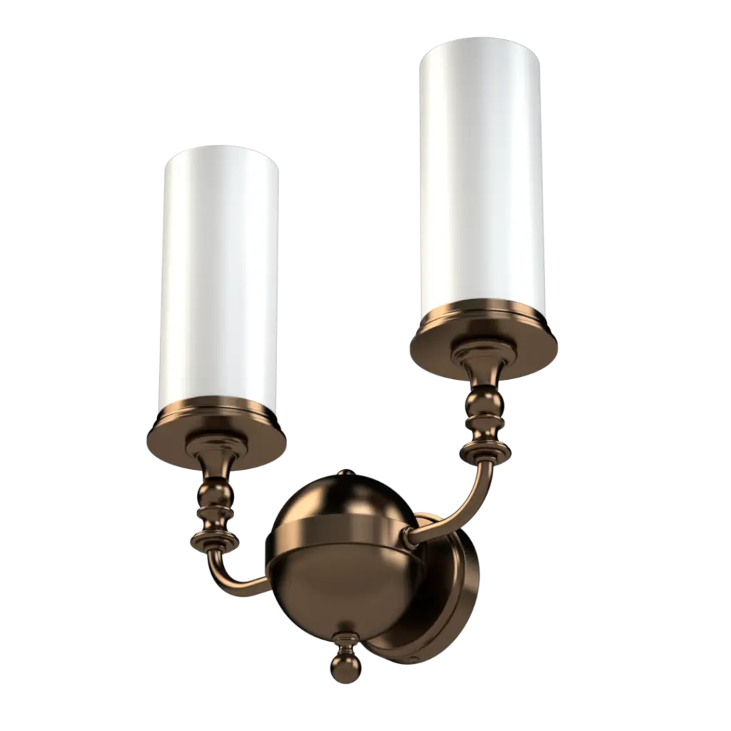 Two-light bronze wall sconce with cylindrical white glass shades.