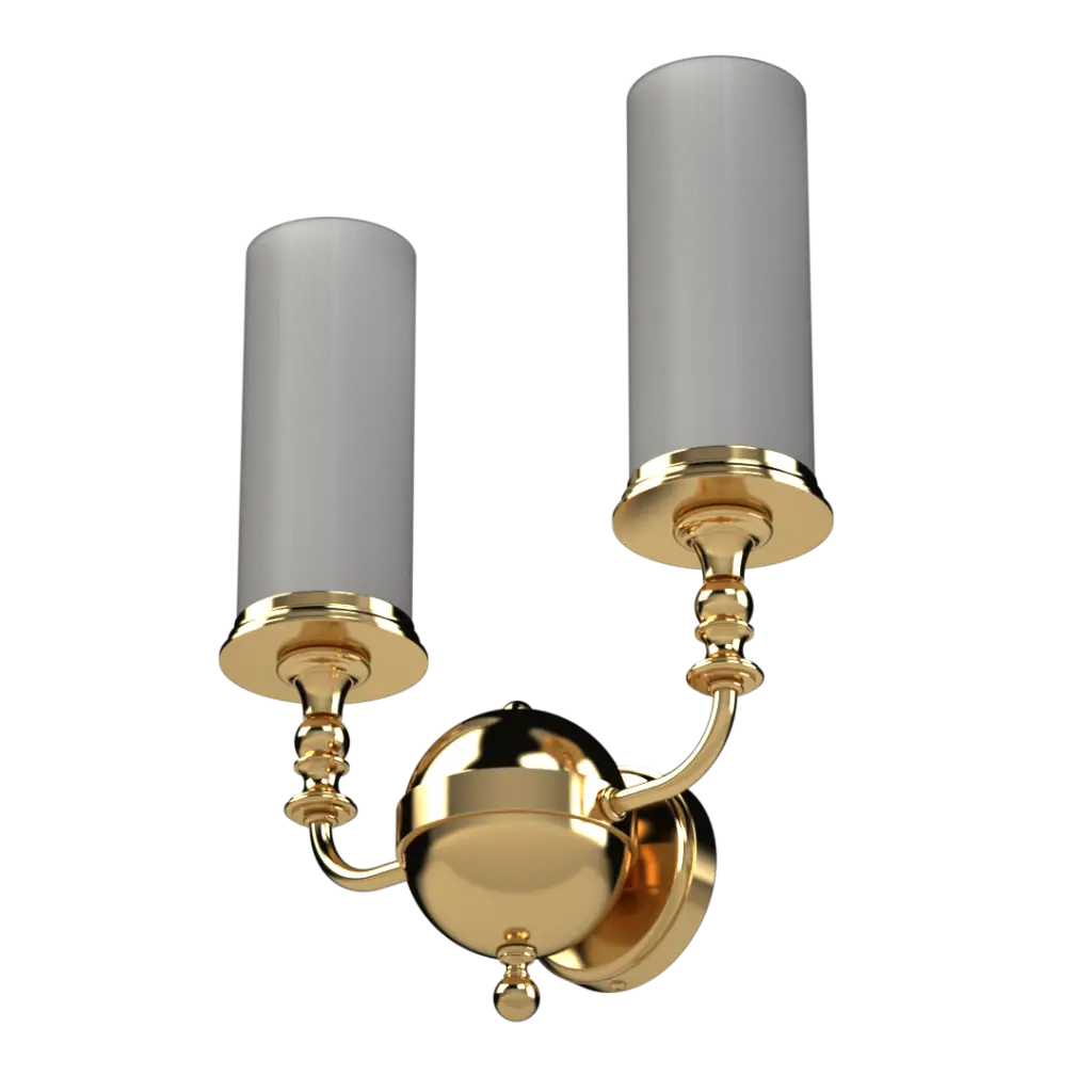 A two-light gold-finish wall sconce with frosted cylindrical glass shades.