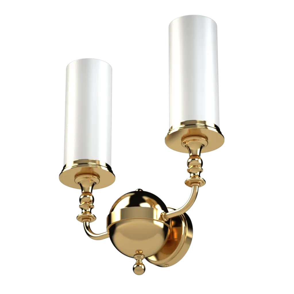 A two-light gold wall sconce with cylindrical white glass shades.