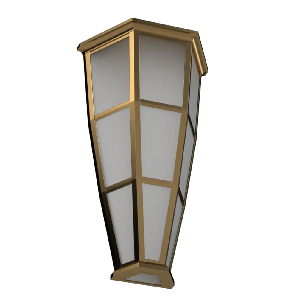 A gold and white tapered lantern with frosted glass panels.