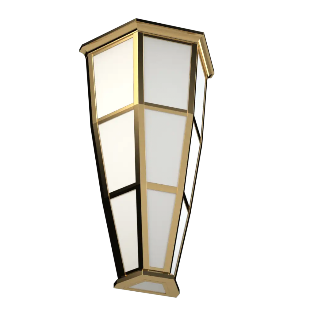 A gold-framed wall sconce with frosted glass panels.