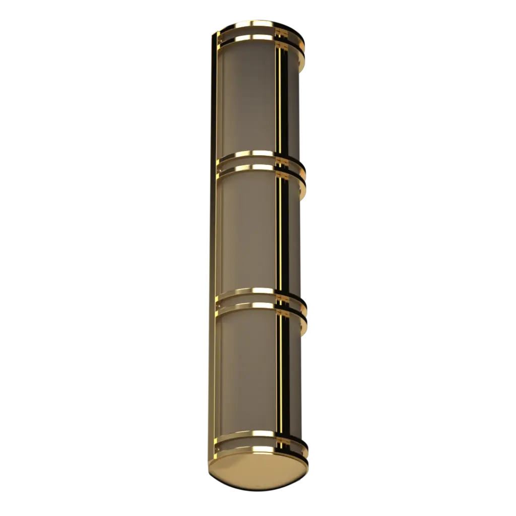 Vertical three-tiered gold and frosted glass wall sconce.