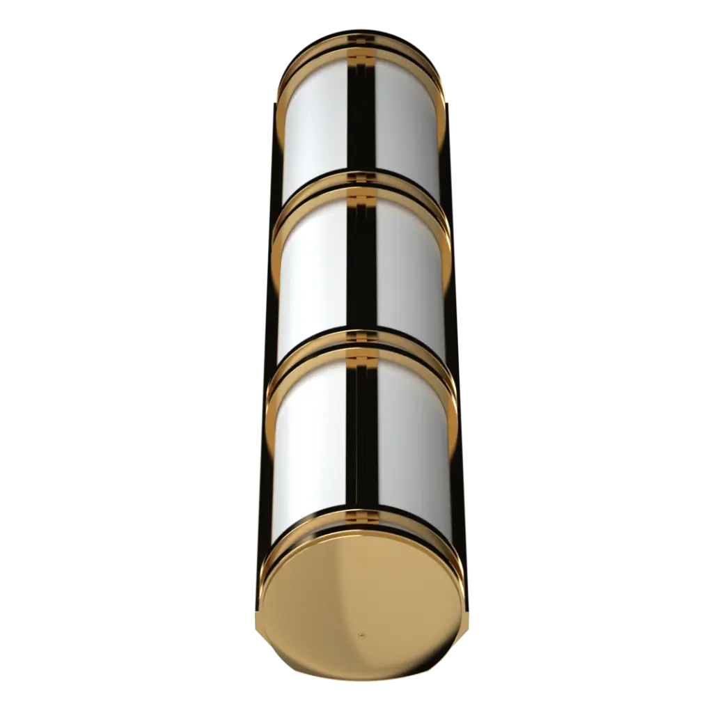 A three-tiered white and gold cylindrical container.