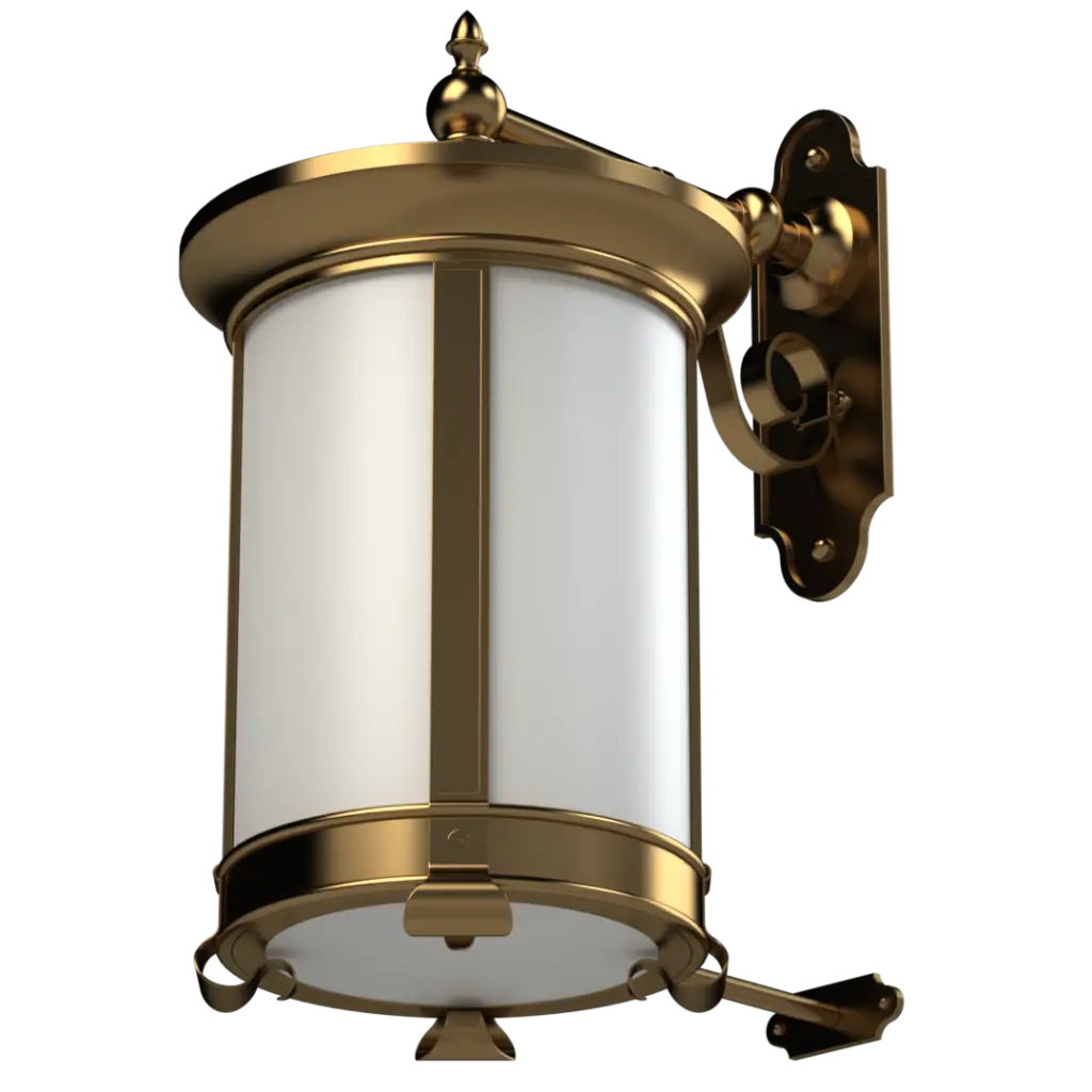A cylindrical brass and frosted glass outdoor wall lantern.
