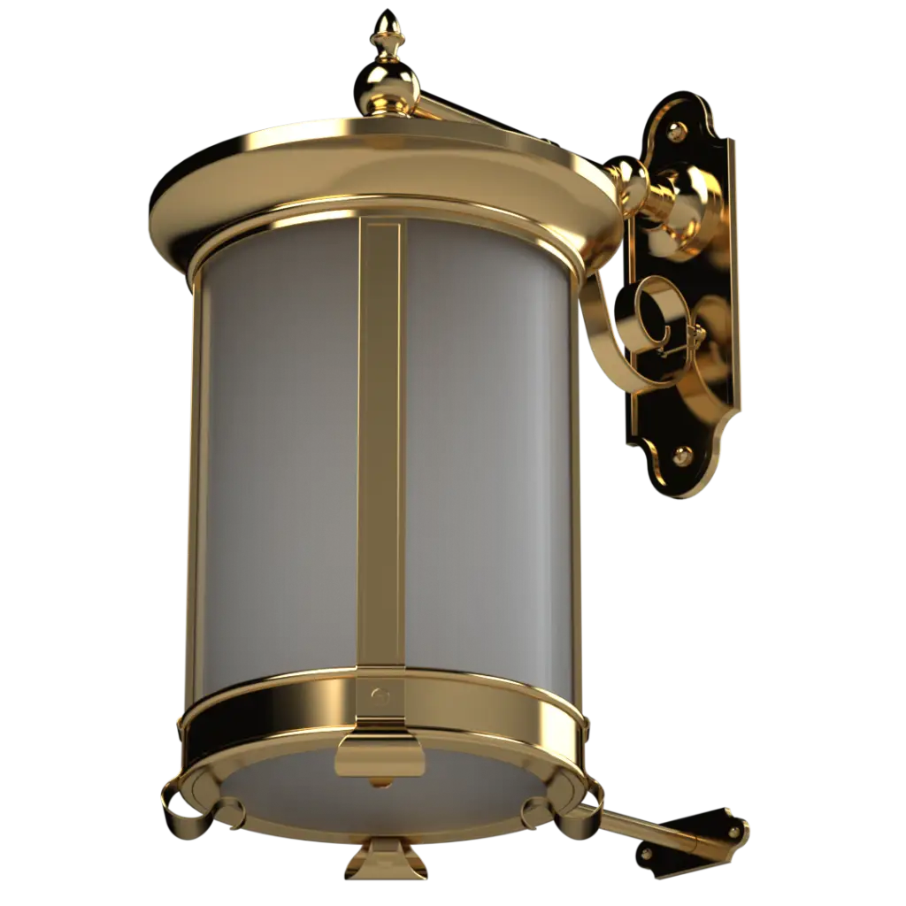 A polished brass outdoor wall lantern with a frosted cylindrical glass shade.