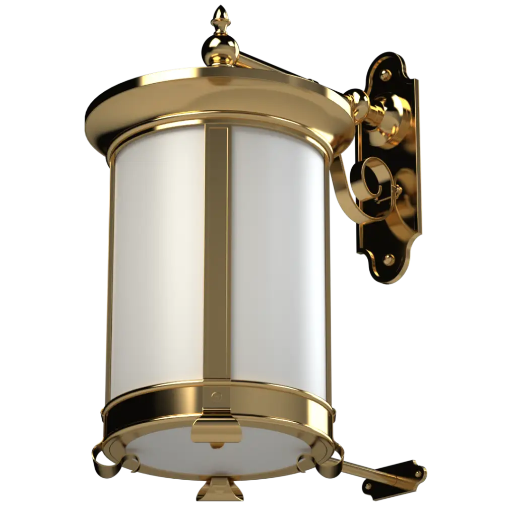A brass and white glass wall-mounted outdoor lantern.
