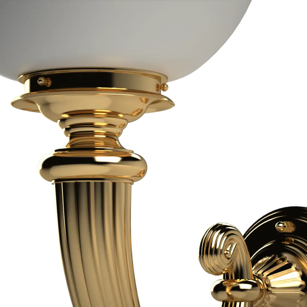 A gold-plated, fluted sconce with a white glass shade.