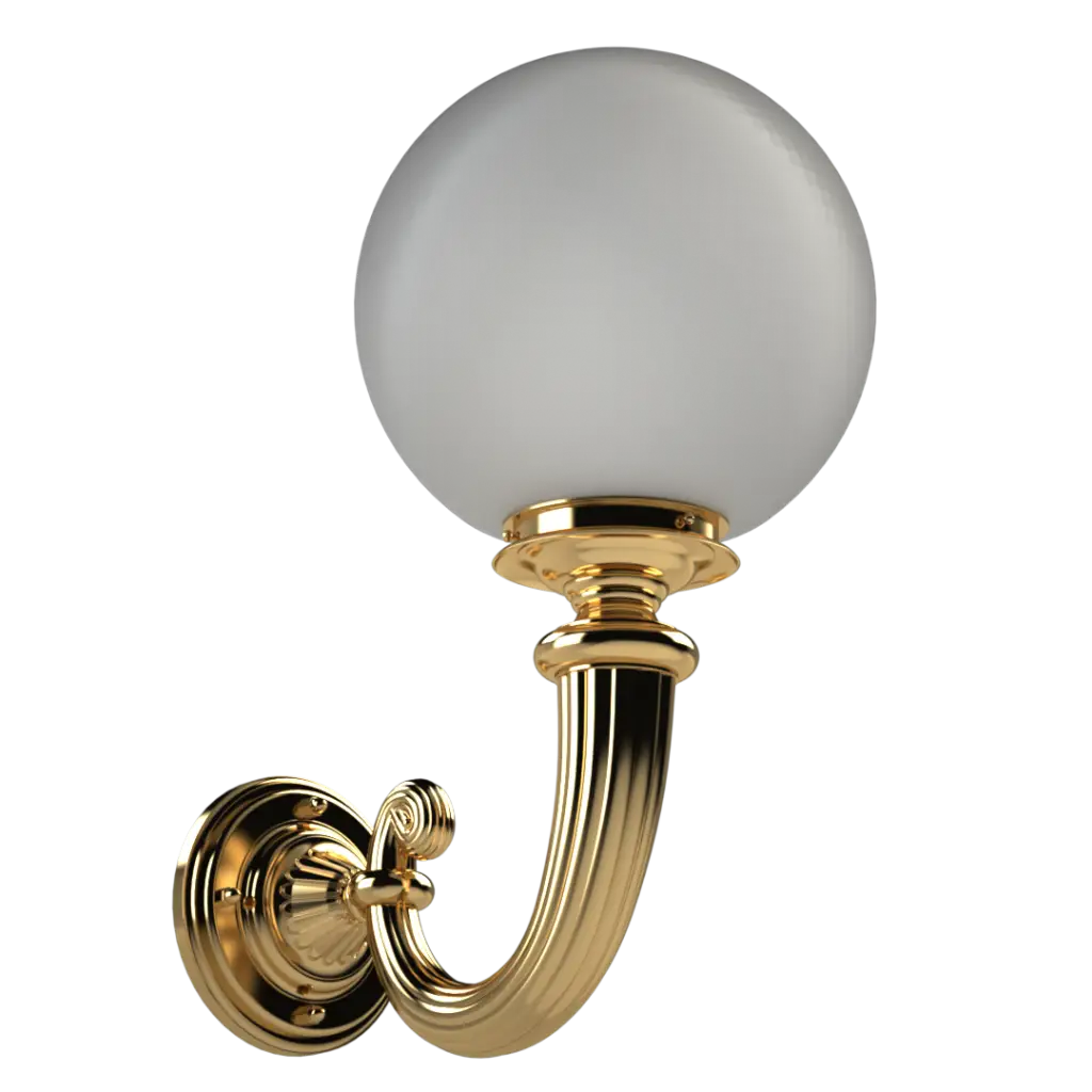 A gold-finished wall sconce with a spherical white glass shade.