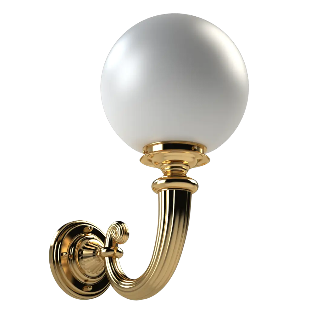 A polished gold wall sconce with a white spherical glass shade.