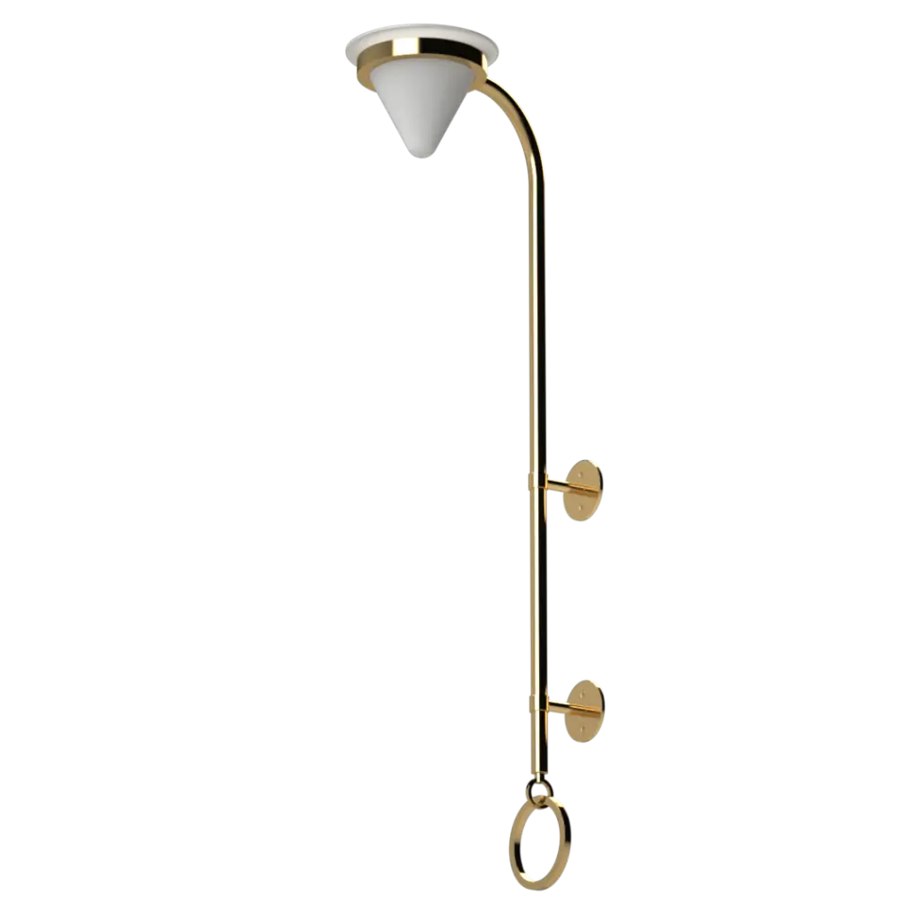 A gold-finished wall-mounted lamp with a white conical shade and a pull-ring switch.