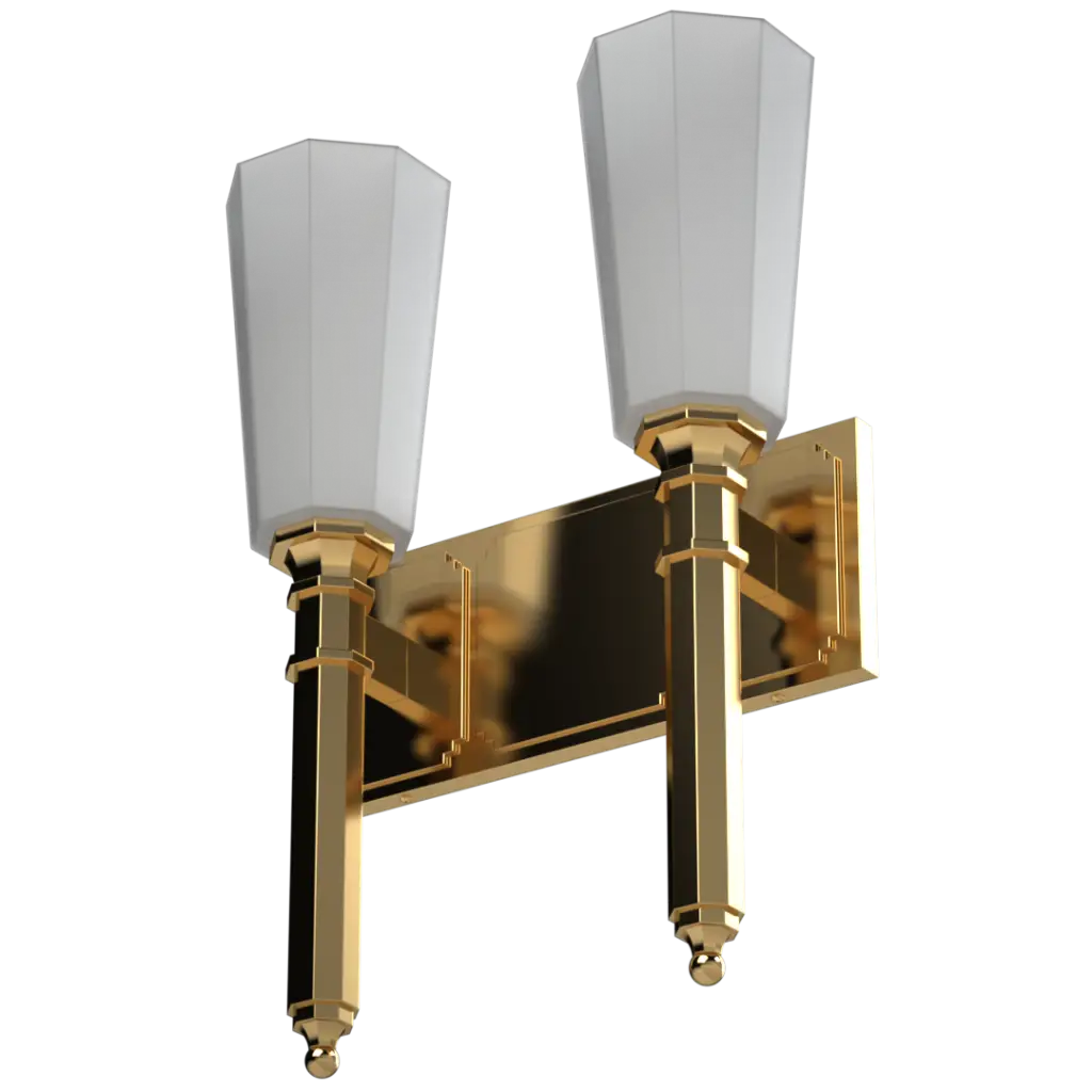 Two-light gold wall sconce with frosted glass shades.