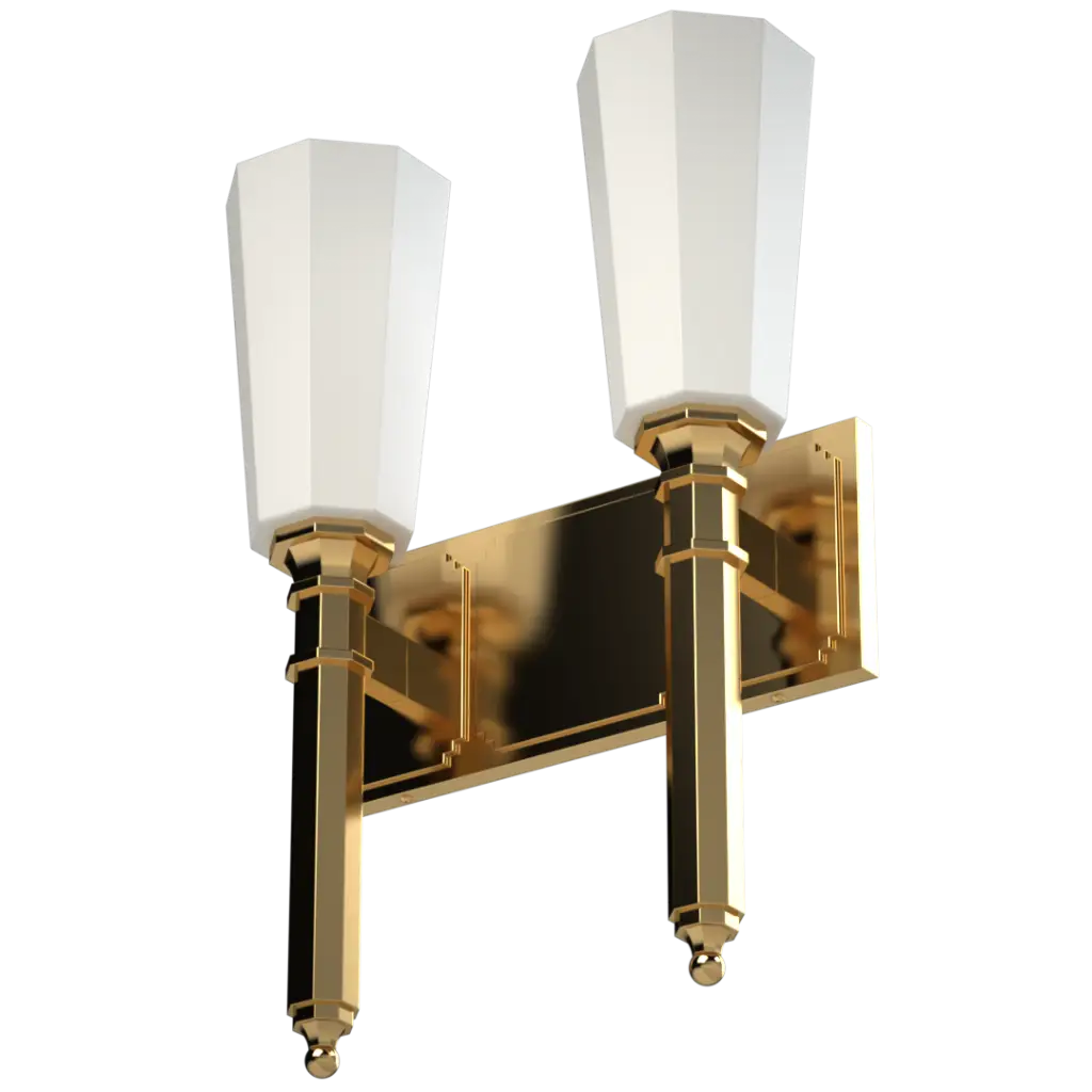 A two-light gold-finished wall sconce with faceted white glass shades.