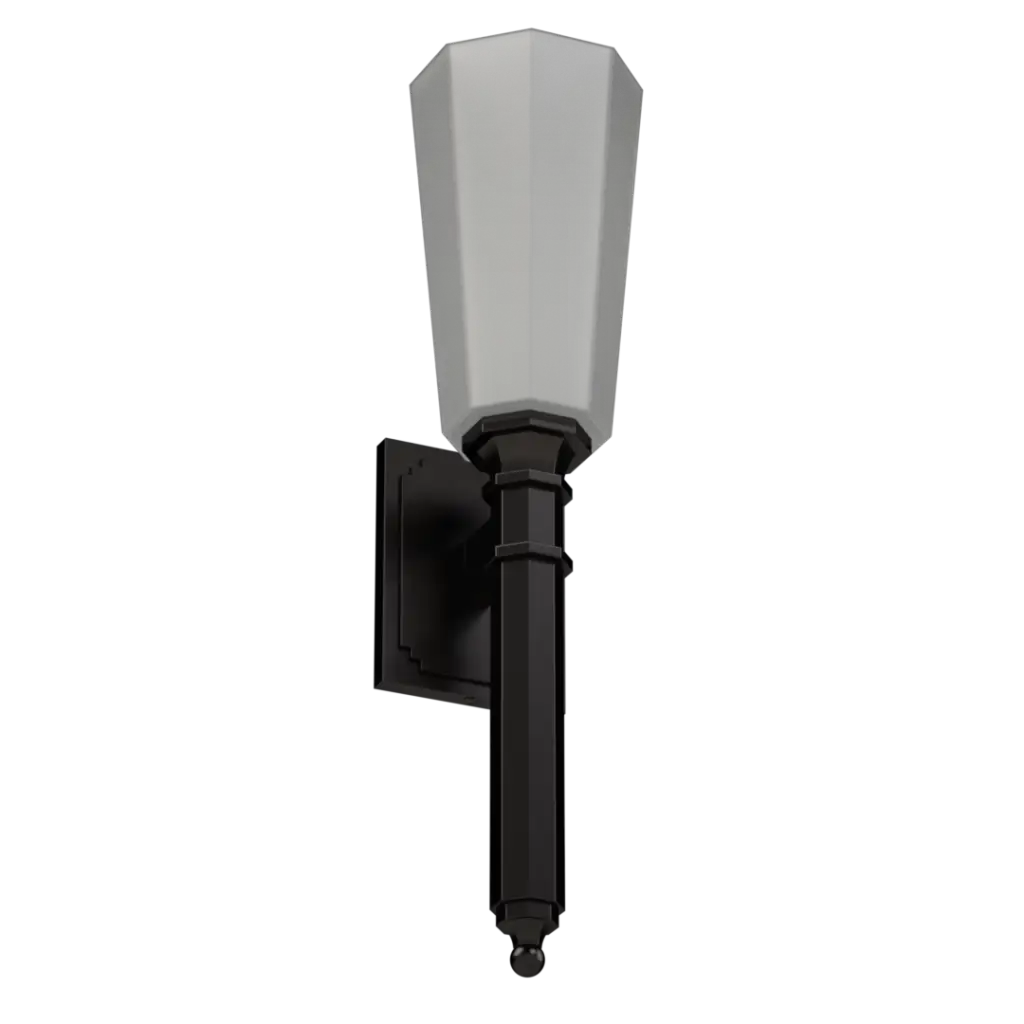Black outdoor wall sconce with a white, tapered, octagonal glass shade.