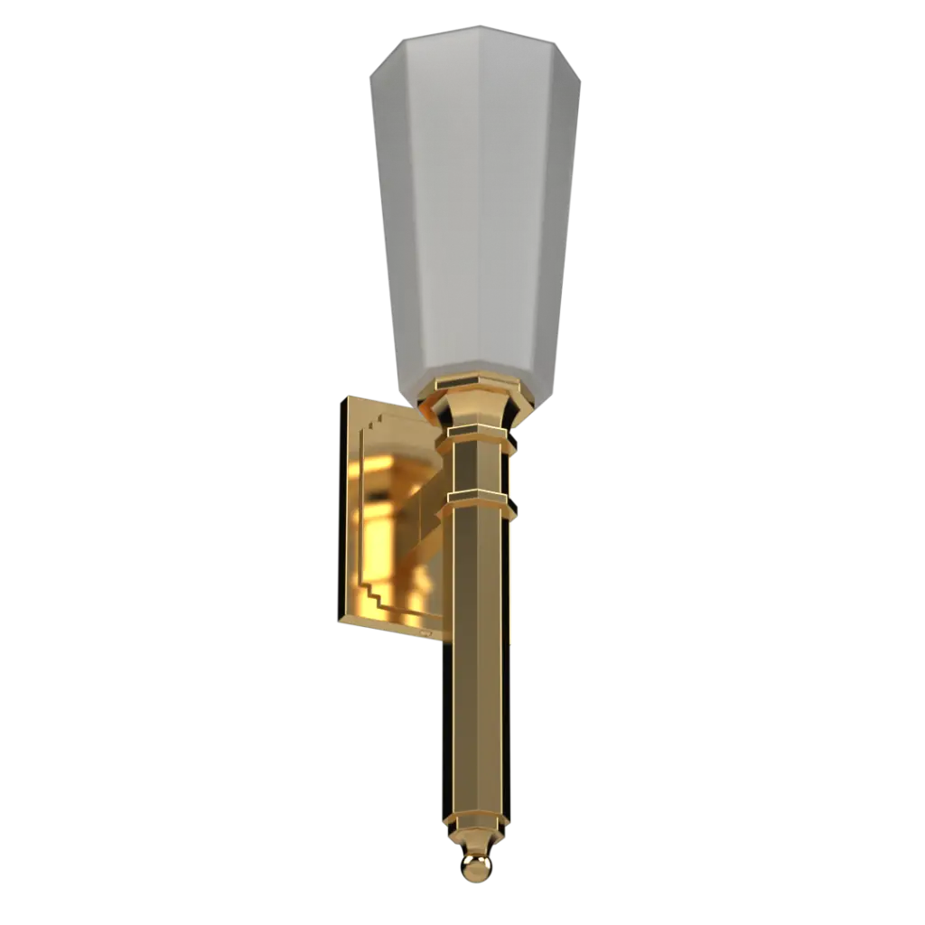 Gold-finished wall sconce with a frosted glass shade.