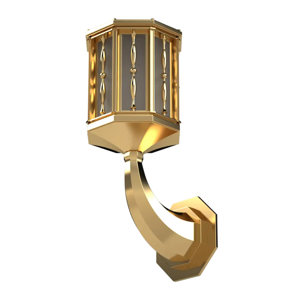 Golden outdoor wall light with an octagonal lantern and decorative vertical bars.