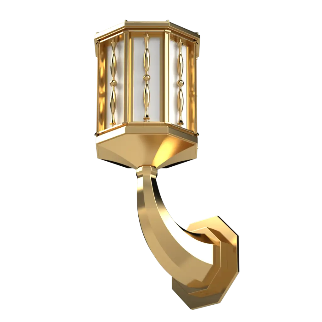 A golden wall-mounted outdoor light fixture with a hexagonal lantern and decorative vertical bars.