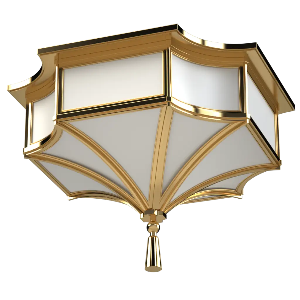 A decorative gold and white flush mount ceiling light fixture with a tassel finial.