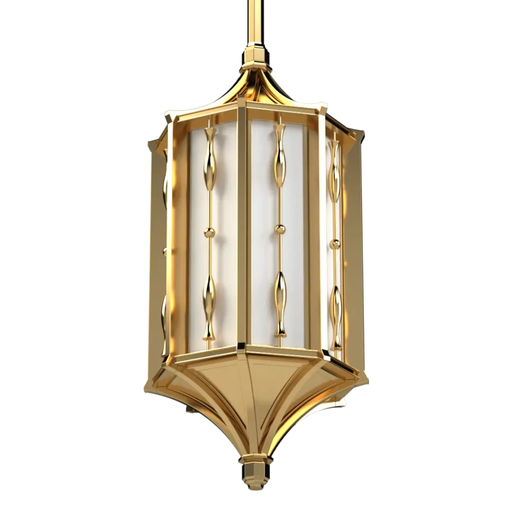 An elegant golden lantern with intricate vertical designs.