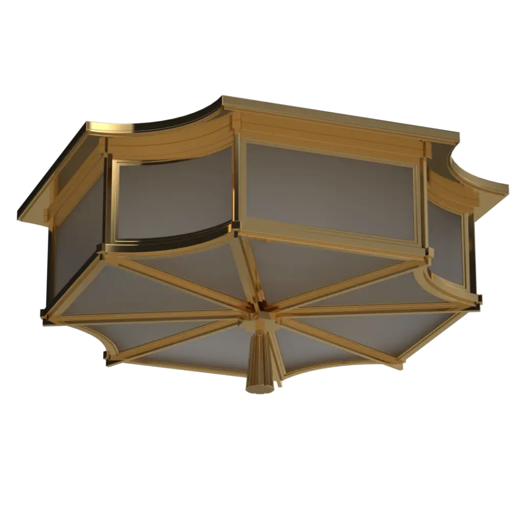 Brass and frosted glass flush mount ceiling light.