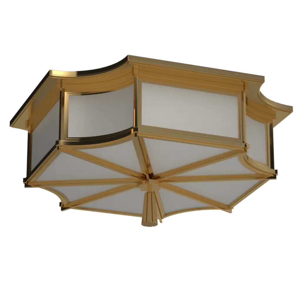 Gold-finished flush mount light with frosted glass panels.
