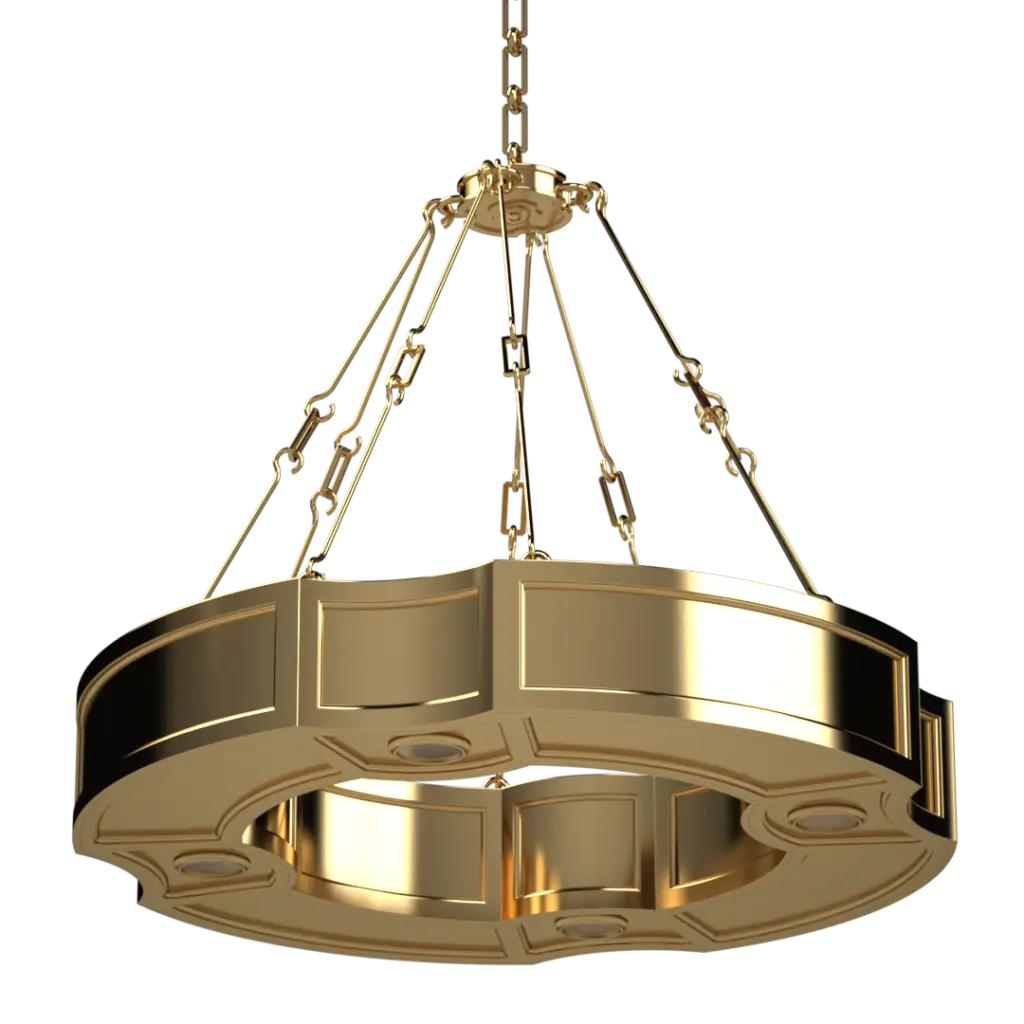 Ornate gold chandelier with a tiered, circular design.