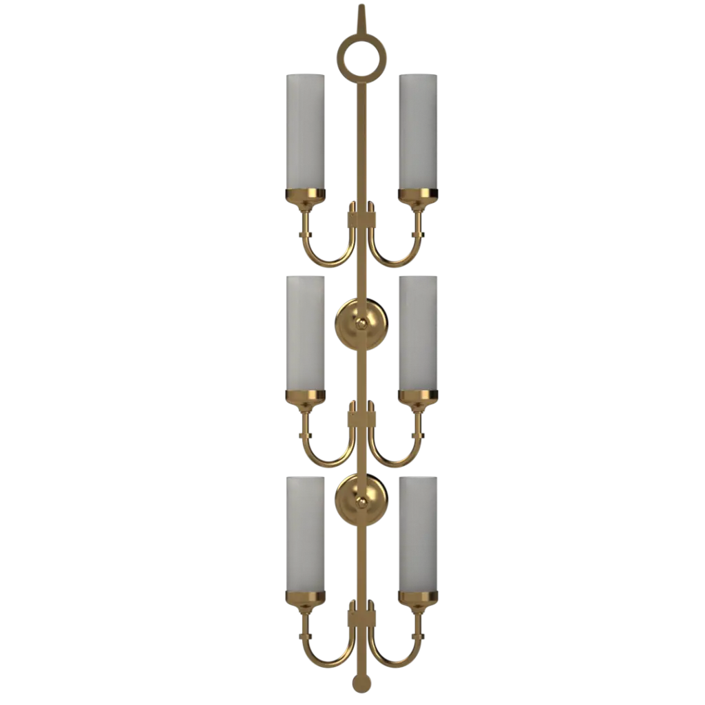 A six-light brass wall sconce with cylindrical frosted glass shades.
