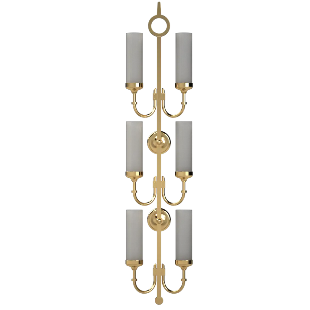 A gold-finished vertical wall sconce with six frosted glass cylindrical shades.