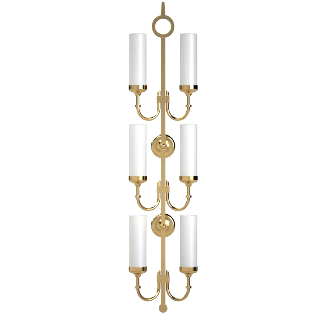 A gold-finished six-light wall sconce with white cylindrical glass shades.