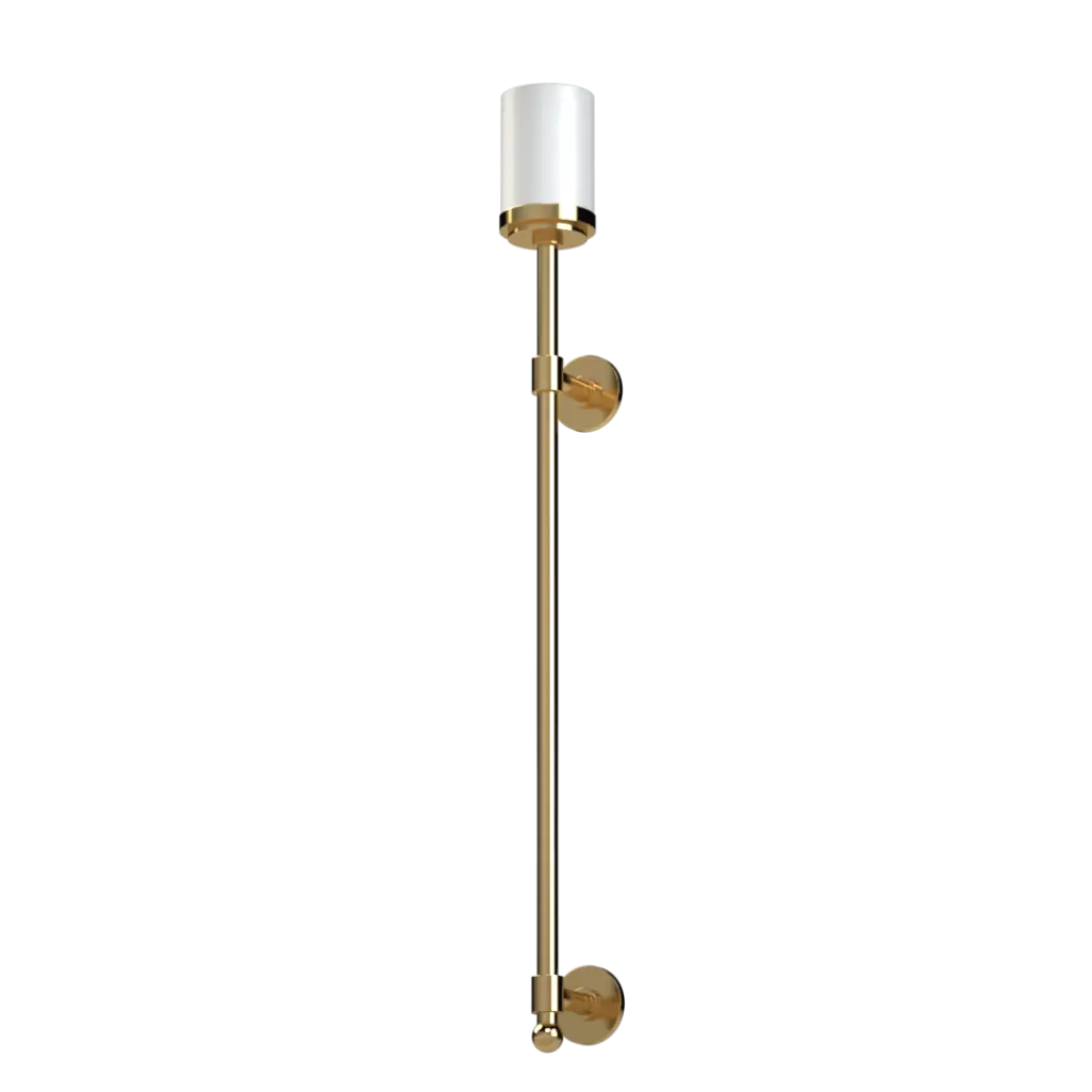 Gold wall-mounted torch light with a white cylindrical shade.