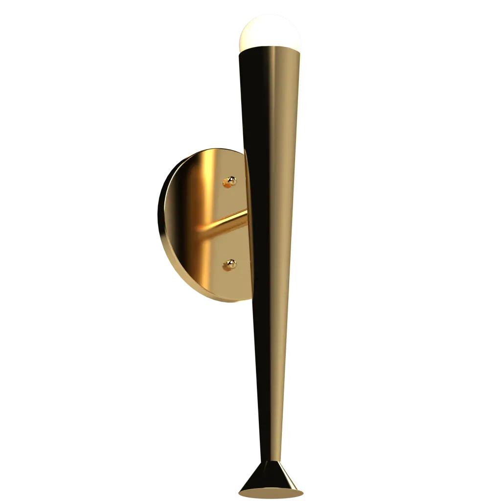 A modern, cylindrical wall sconce in a lustrous gold finish with a rounded, white light source at its top.