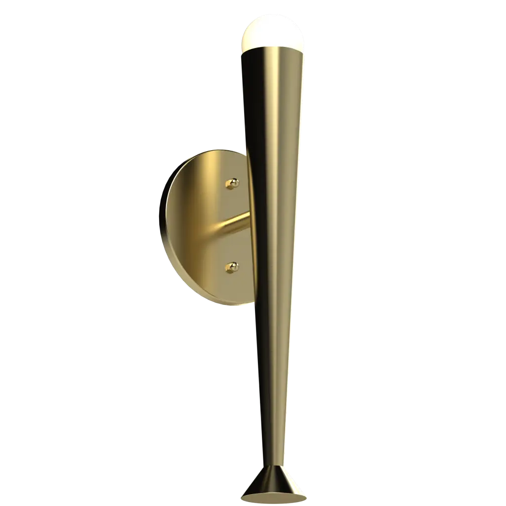 A gold-finished wall sconce with an upward-facing light.
