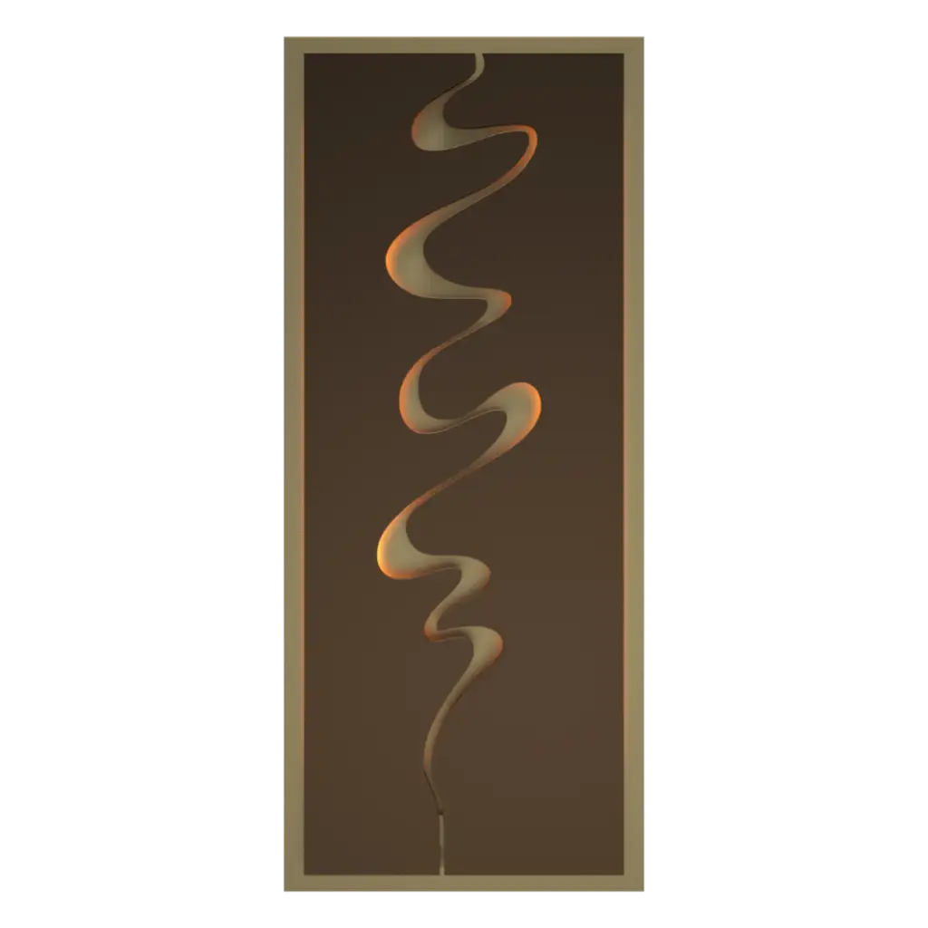 A tall, narrow, rectangular decorative panel featuring a wavy, flowing, illuminated design in gold and brown tones.
