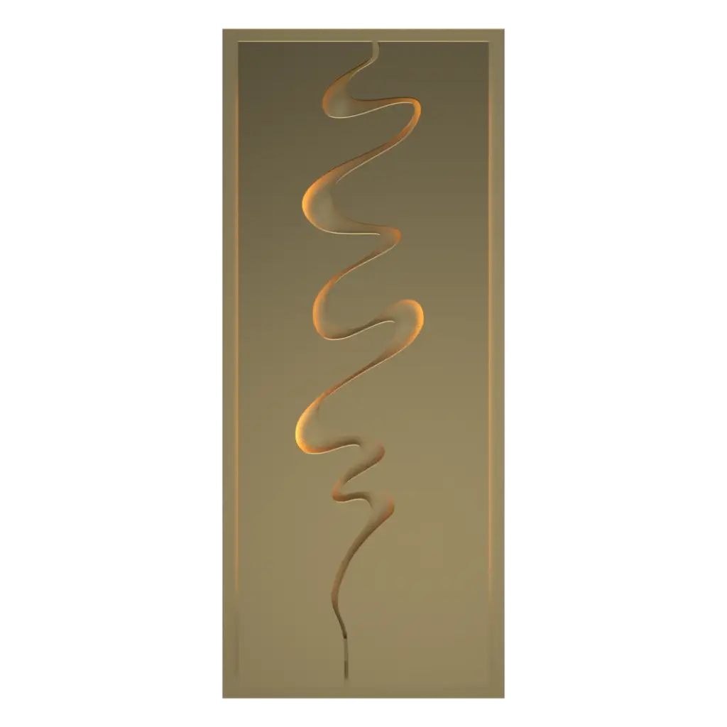 A tall, narrow, gold-colored decorative panel with a wavy, glowing, light-colored abstract design.