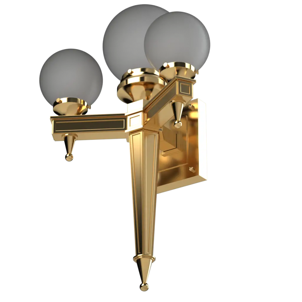 A polished gold three-light wall sconce with frosted globe shades.