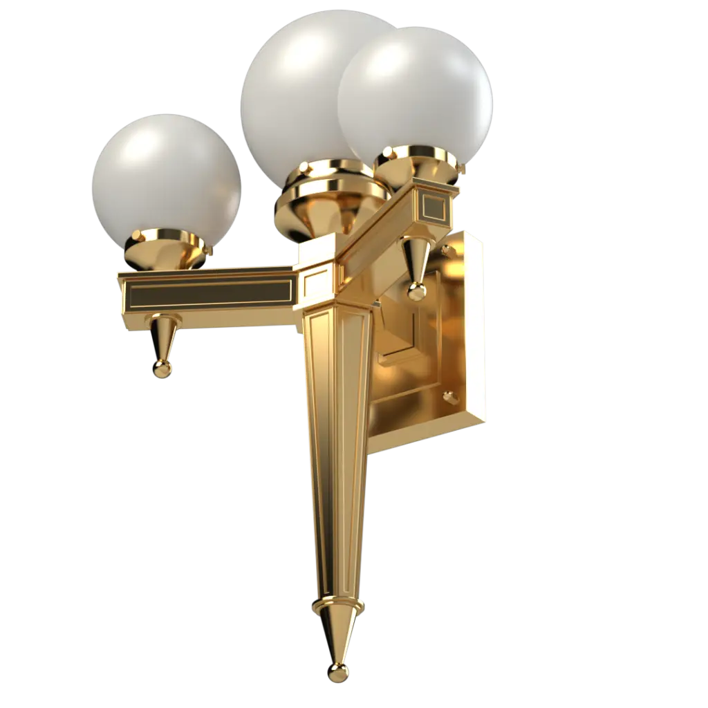 A polished gold wall sconce with three spherical white glass shades.