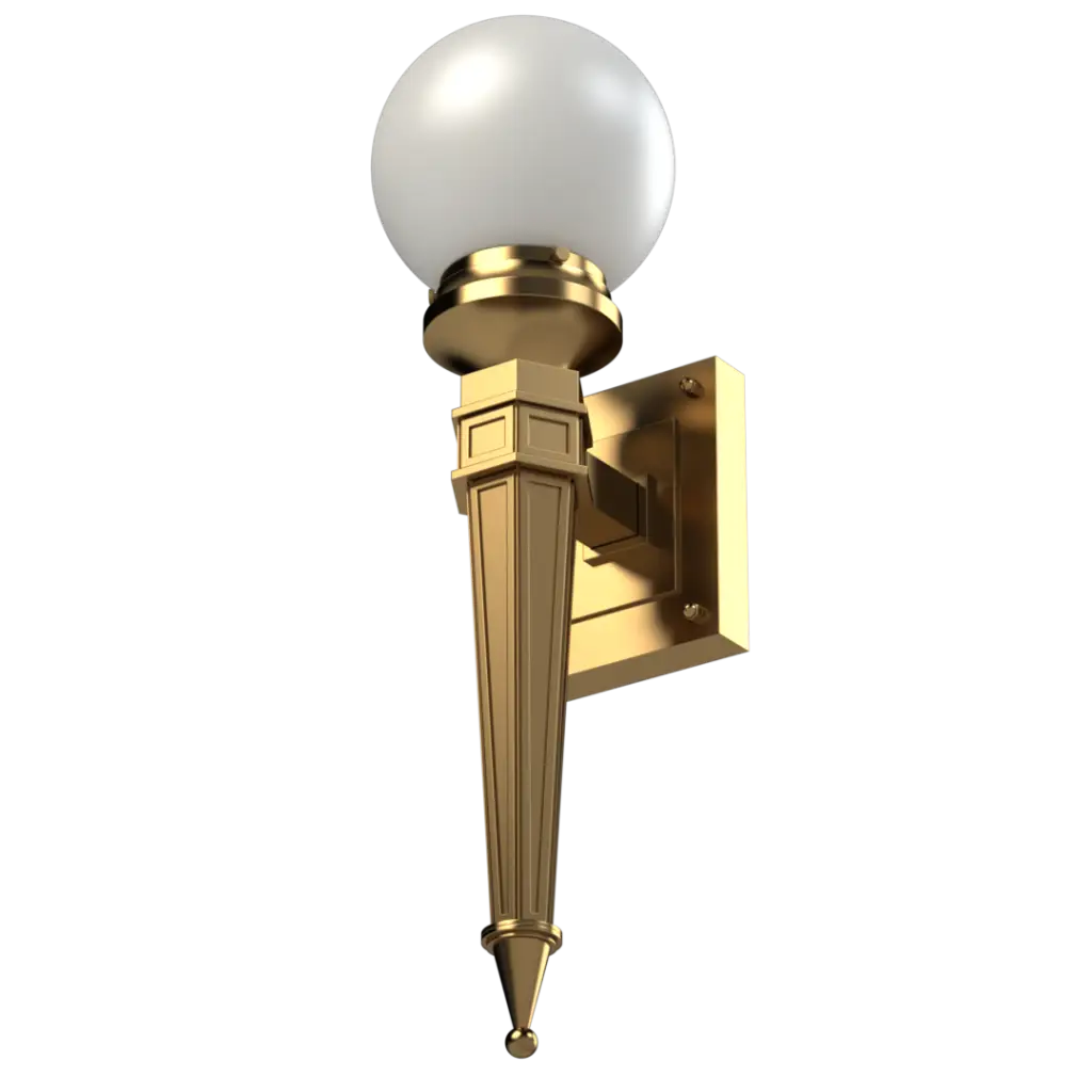 Gold-finished wall-mounted outdoor light fixture with a spherical white globe.