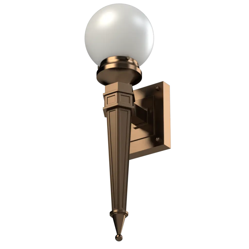 A wall-mounted outdoor light fixture with a spherical white globe and a bronze-colored, fluted torch-shaped base.