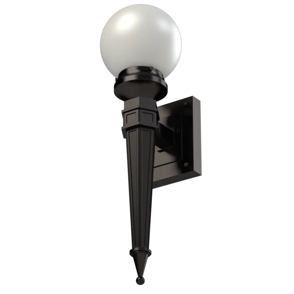 Black outdoor wall light with a white spherical globe.
