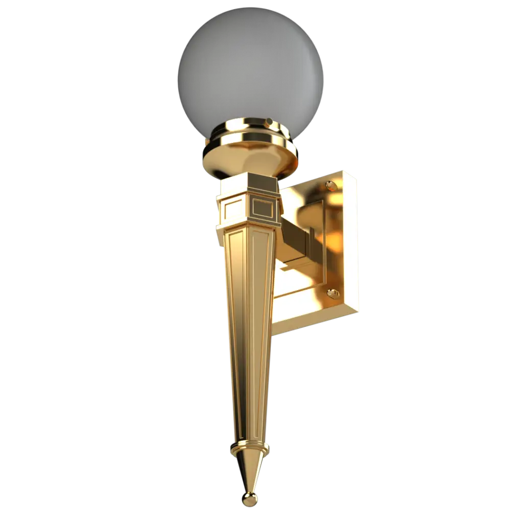 A gold-colored wall sconce with a spherical white glass shade.