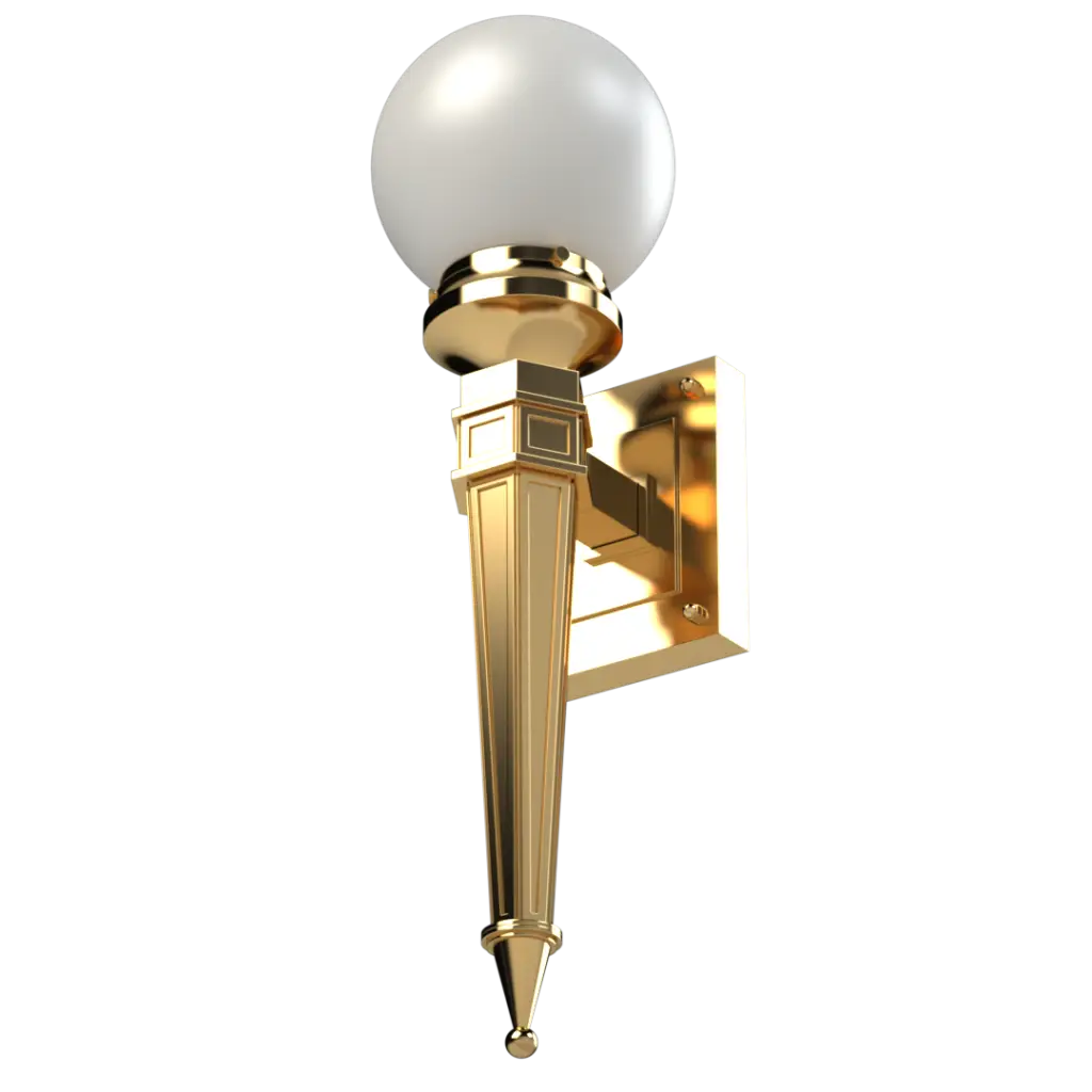 A golden wall-mounted torch light with a spherical white globe.