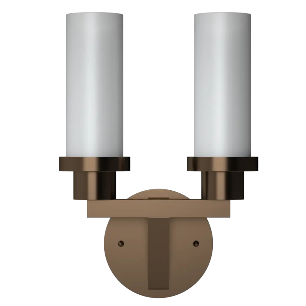 Brushed bronze two-light wall sconce with cylindrical white glass shades.