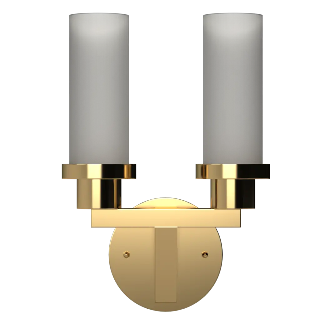 A two-light brass wall sconce with cylindrical frosted glass shades.