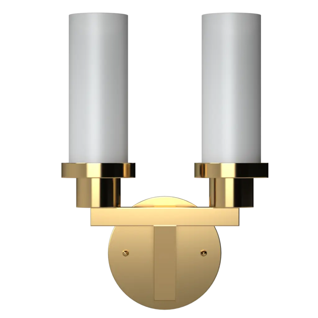 Two-light brass wall sconce with cylindrical white glass shades